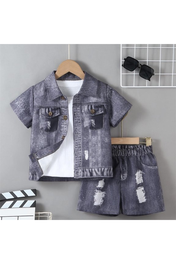 Outfits Set Two Piece for Boys Ripped Design Short Sleeve Shirt and Shorts Set Casual Summer Trendy Distressed Style Clothes Set Grey 4-6 Y