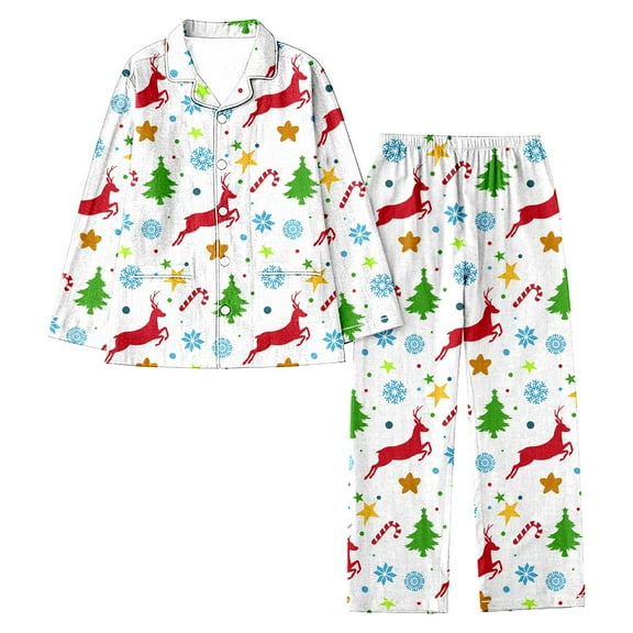Xmyrz Pajama Sets For Women 2 Piece Outfits Christmas Lapel Full Print Santa Holiday Snowflakes Casual Long Sleeve Sleepwear Pj Clothing Suits