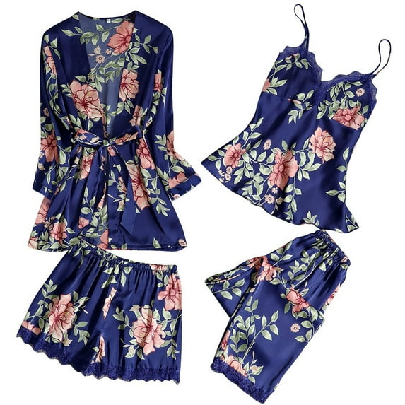 Xmyrz Pajama Sets For Women Floral Print Relaxed 4Pc Silk Nightdress Robe Softable Breathable Sleepwear Outfit Pj Clothes Sets