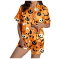 thumbnail image 1 of Xmyrz Pajama Sets For Women 2 Piece Outfits Casual Halloween Pumpkin Ghost Print Silk Satin Short Sleeve Button Up Shorts Set Sleepwear Pj Clothing Suits, 1 of 7