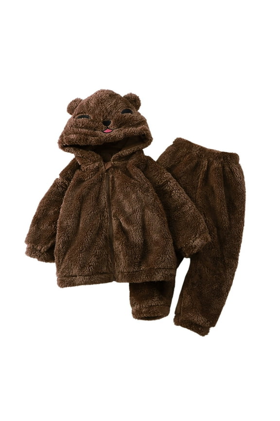 Pajamas Set For Girl Two Pieces Outfit Kids Bear Ear Fuzzy Fluffy Hoodie Boys Hooded Sweatshirt with Fleece Sweatpants Pants Set