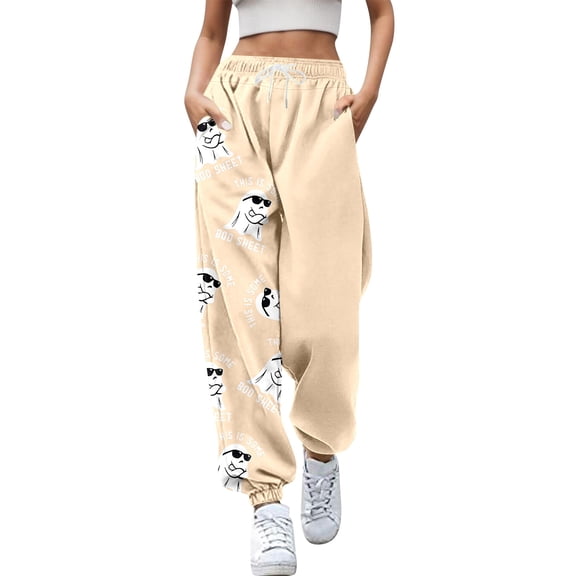 Xmyrz Pants For Women Halloween Suitable Ghost Print Sweatpants Pockets Jogger Lace Up Lounge Pants Casual Trouser