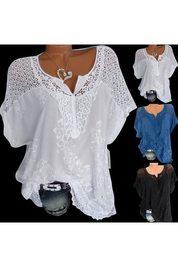 Peasant Blouses For Women Floral Embroidery V Neck Lace Hollow Short Sleeve Top Casual Trendy Eyelet Shirts