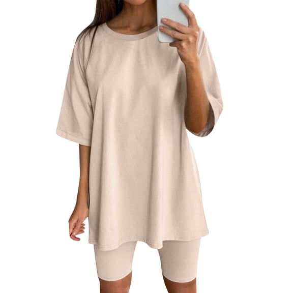 Xmyrz Shorts Set For Women Outfits Sets Yoga Round Neck Elastic Wasit Short Sleeve Fitness Sports Solid Going Out Outfit Clothing Suits