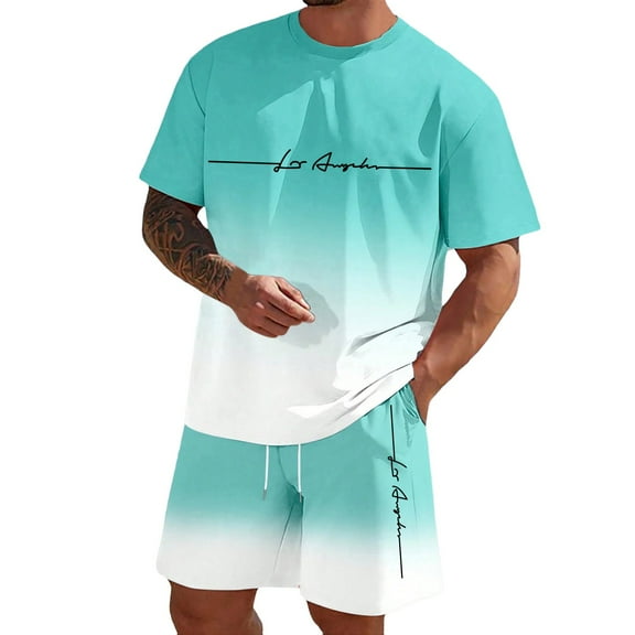 Xmyrz Shorts Set Men 2 Piece Outfits Letter Print Gradient Going Out Short Sleeve T Shirt Suitable Cool Clothes Sets Clothing Suit
