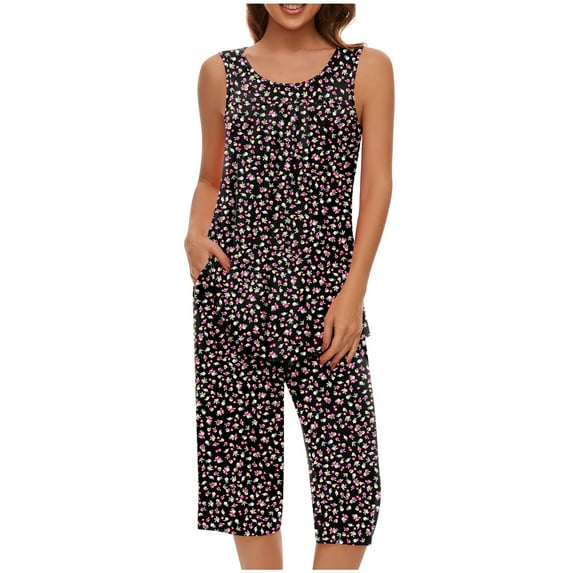 Xmyrz Shorts Sets Women 2 Piece Outfits Recreation Tank Softable Pocket Loungewear Sleeveless Print Capri Going Out Outfit Clothing Suits