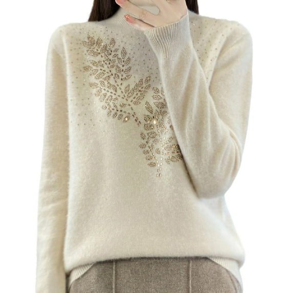 Xmyrz Sweater Tops For Women Stand Collar Half Turtleneck Wool Bottoming Shirt Long Sleeve Temperament Rhinestone Cute Sweaters