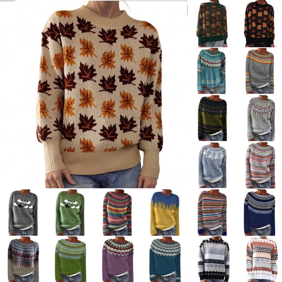 Xmyrz Sweaters For Women Trendy Maple Leaf Print Long Sleeve Knitted Sweater Pullover Leisure Baggy Women'S Sweater Cute Sweaters