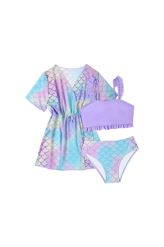 Swimsuit For Girls 3Pc Refreshing Cuddly Print Comfy Sand Beach Short Sleeve Smock Swimwear Bathing Suits Tankinis Cute Bikinis