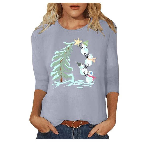 Xmyrz T Shirts For Women Graphic Christmas Three-Quarter Sleeves T-Shirt Snowman Pattern Suitable Thin Casual Tops Casual Blouses