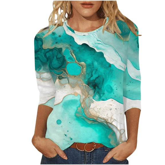 Xmyrz T Shirts For Women Graphic Crew Neck Breathable Vogue 3D Print Summer Three Quarter Sleeve Graphic Casual Tops Casual Blouses