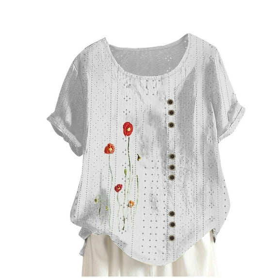 Xmyrz T Shirts For Women Graphic Crewneck Simplistic Weekend Jacquard Softable Button Up Short Sleeve Casual Tops Casual Blouses