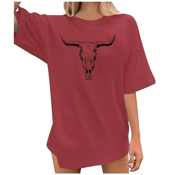 Xmyrz T Shirts For Women Graphic Ox-Head Print Short Sleeve Round Neck Going Out Soble Versatile Casual Tops Casual Blouses