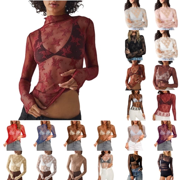 Xmyrz T Shirts For Women Lace Mesh Transparent Bace Shirt Long Sleeve Breathable Baggy Casual Tops Casual Blouses