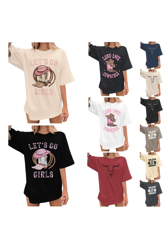 T Shirts For Women Ox-Head Print Short Sleeve Round Neck Going Out Soble Versatile Casual Tops Casual Blouses