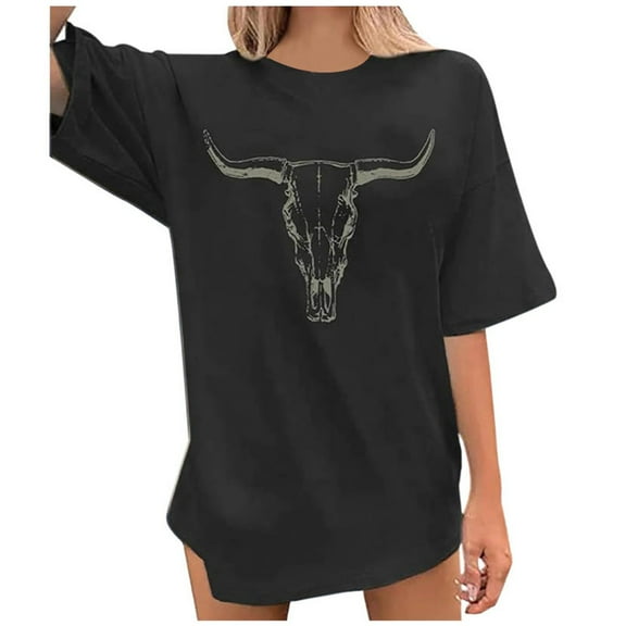 Xmyrz T Shirts For Women Ox-Head Print Short Sleeve Round Neck Going Out Soble Versatile Casual Tops Casual Blouses