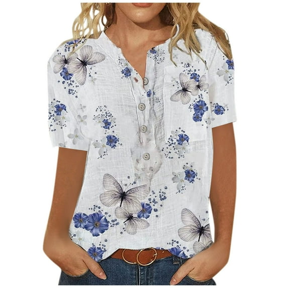 Xmyrz T Shirts For Women Printed Softable Versatile Shirt Button Up Faddish Short Sleeve V-Neck Casual Tops Casual Blouses
