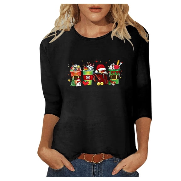 Xmyrz T Shirts For Women Three-Quarter Sleeves Suitable Thin Christmas T-Shirt Cartoon Pattern Casual Tops Casual Blouses