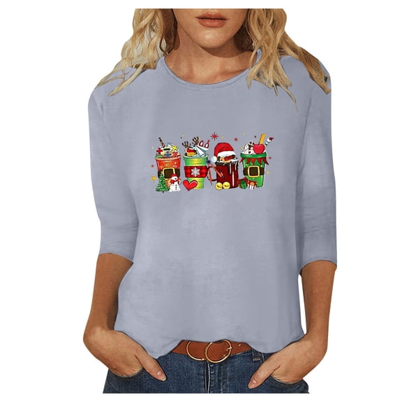 Xmyrz T Shirts For Women Three-Quarter Sleeves Suitable Thin Christmas T-Shirt Cartoon Pattern Casual Tops Casual Blouses