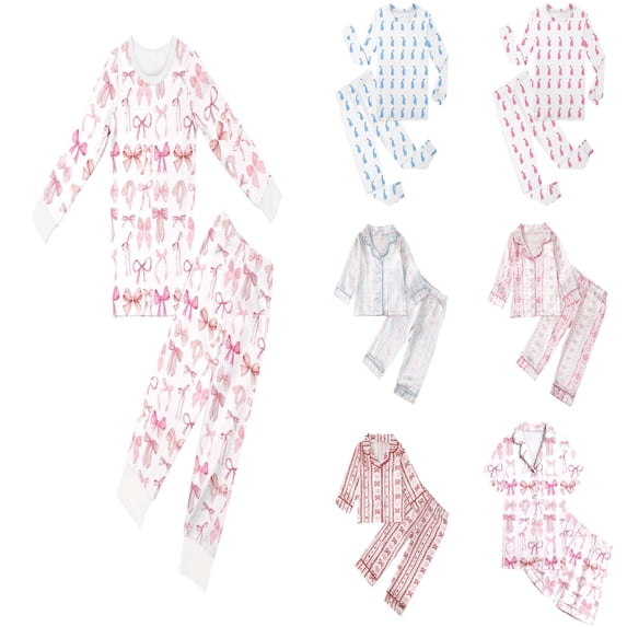 Xmyrz Pajama Sets 2 Piece Girl Loungewear Long Sleeve Pj Set Sleepwear Bow Tie Print Pants Set Softable Outfit Sets