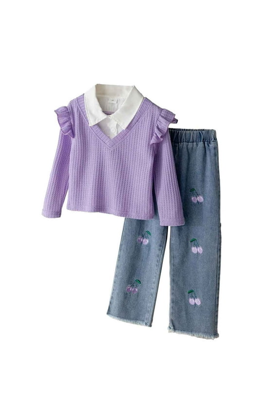 Toddler Girl Outfits Set Pants Set Embroidery Comfort Preppy Style Long Sleeve Vacation Clothes Sets Clothing Suits