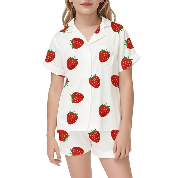 Xmyrz Toddler Girls Pajama Sets Lapel Elastic Waist Sweet Strawberry Print Shorts Set Pj Set Sleepwear Outfit