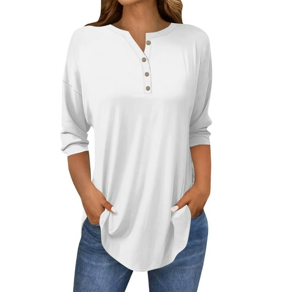 Xmyrz Tops For Women 2025 T Shirts Summer Recreation Versatile 3/4 Sleeved Collared Button Up Solid Cool Blouses Casual Blouse