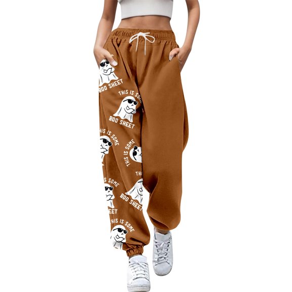 Xmyrz Trousers Pants For Women Halloween Suitable Ghost Print Sweatpants Pockets Jogger Lace Up Lounge Pants Casual Trouser