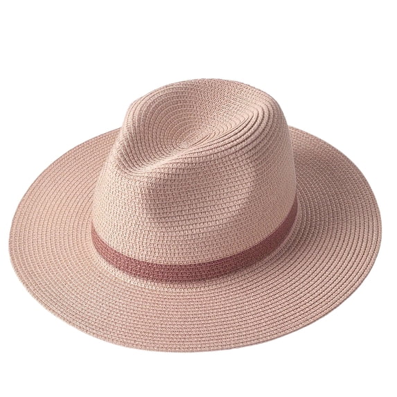 Xmyrz Unisex Summer Beach Straw Fedora Hat Wide Brim Sun Protection Breathable Roll Up Casual Vacation Jazz Cap Light Pink