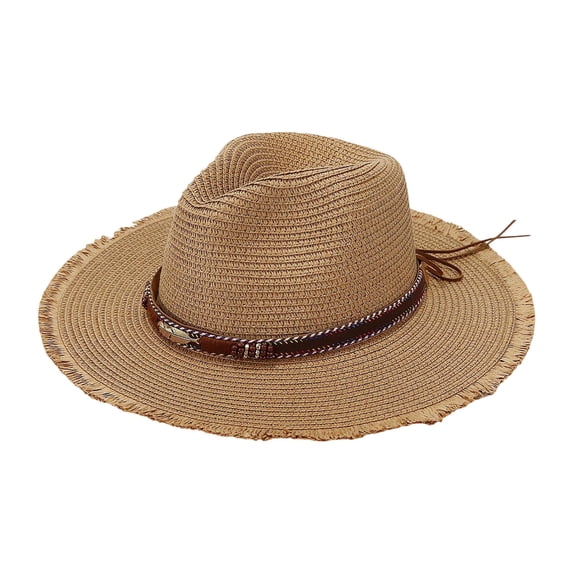Xmyrz Unisex Summer Straw Fedora Hat with Feather Decoration Beach Vacation Sun Protection Wide Brim Casual Style Khaki
