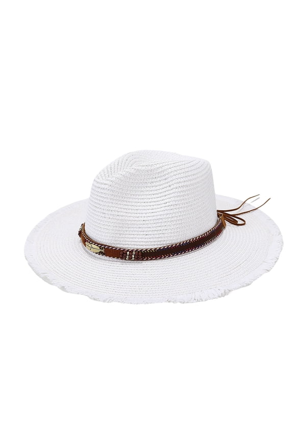 Unisex Summer Straw Fedora Hat with Feather Decoration Beach Vacation Sun Protection Wide Brim Casual Style White