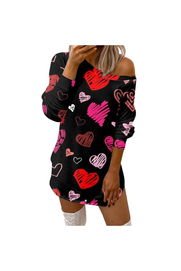 Valentine's Day Dresses For Women Comfortable Printed Relaxation Off The Shoulder Shirt Dress Breathable Casual Dresses Birthday Dresses