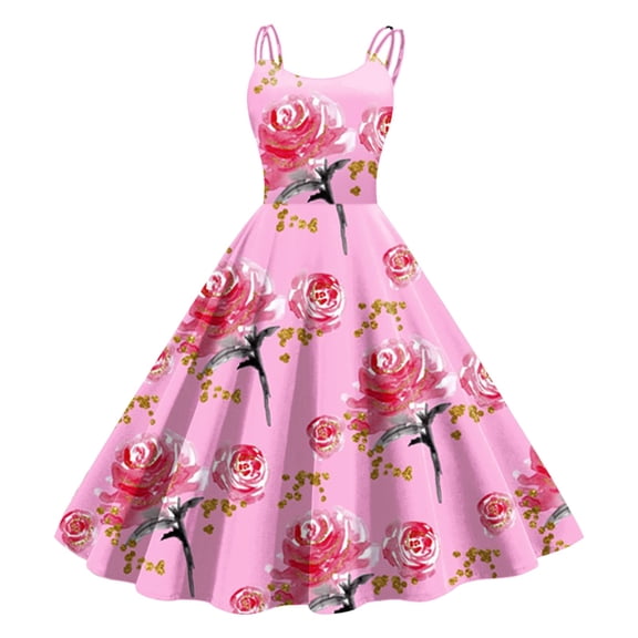 Xmyrz Valentine's Day Dresses For Women Sleeveless Rose Print Knee Length Retro A Line Flared Swing Vacation Casual Dresses Birthday Dresses
