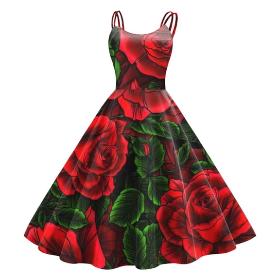 Xmyrz Valentine's Day Elegant Dresses For Women Sleeveless Rose Print Knee Length Retro A Line Flared Swing Vacation Casual Dresses Birthday Dresses