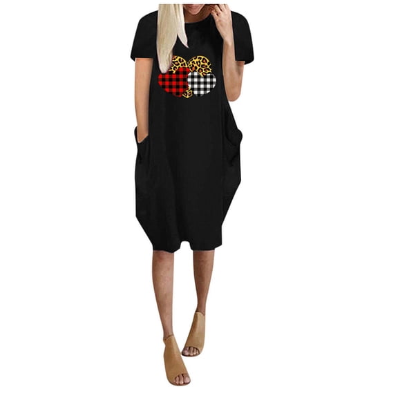 Xmyrz Valentine's Day Fall Dresses For Women Mini Dress Print Basic Style Comfort Short Sleeve Crewneck Cozy Casual Dresses Birthday Dresses