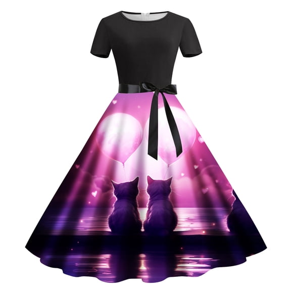 Xmyrz Valentine's Day Fall Dresses For Women Retro Style Cat Print Adorable Suitable Short Sleeve Midi Dress Baggy Casual Dresses Birthday Dresses