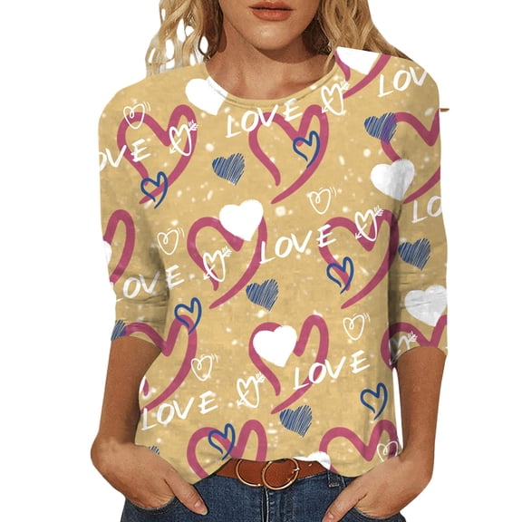 Xmyrz Valentine's Day Funny T Shirts For Women Comfort Thin Three Quarter Sleeves Holiday Print Leisure Cute Tops Blouses T-Shirt