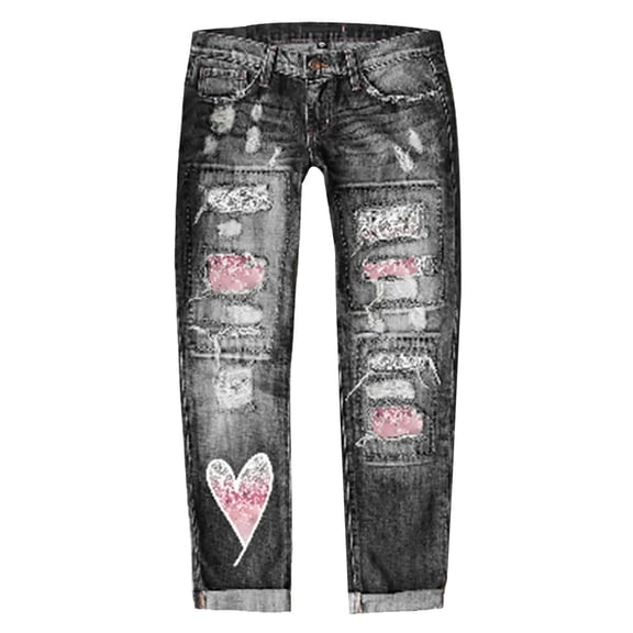 Xmyrz Valentine's Day High Waisted Pants For Women Jeans Printed Classic Pocket Comfort Ripped Thickened Denim Pants Lounge Pants Casual Trouser