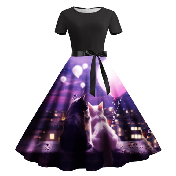 Xmyrz Valentine's Day Holiday Dresses For Women Retro Style Cat Print Adorable Suitable Short Sleeve Midi Dress Baggy Casual Dresses Birthday Dresses