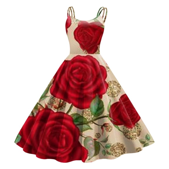 Xmyrz Valentine's Day Holiday Dresses For Women Sleeveless Rose Print Knee Length Retro A Line Flared Swing Vacation Casual Dresses Birthday Dresses