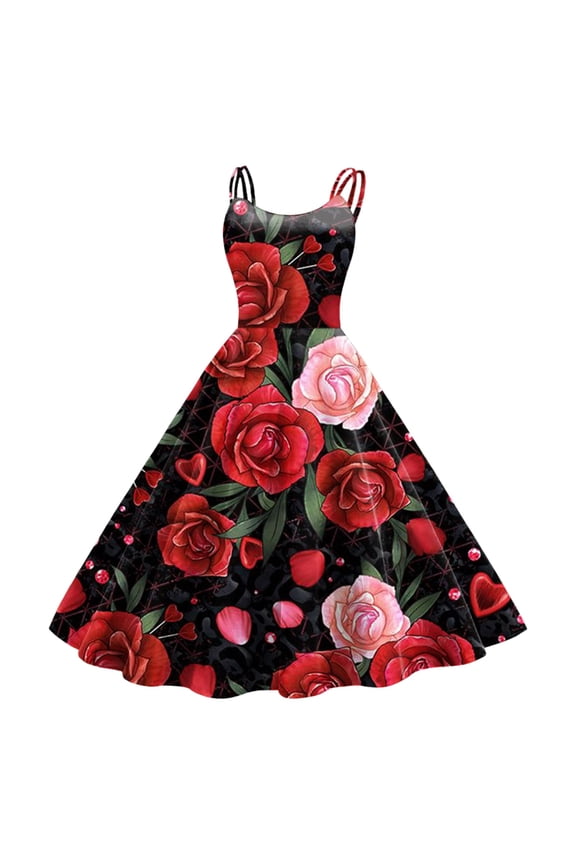 Valentine's Day Holiday Dresses For Women Sleeveless Rose Print Knee Length Retro A Line Flared Swing Vacation Casual Dresses Birthday Dresses