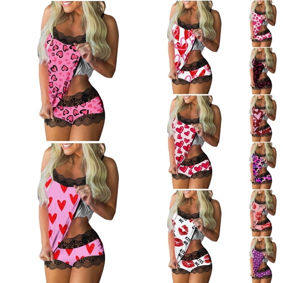 Xmyrz Valentine's Day Pajama Sets For Women 2 Piece Classic Print Lace Loose Heart Trendy Shorts Set Recreation Tank Top Attractive Sleepwear Pj Outfit Sets
