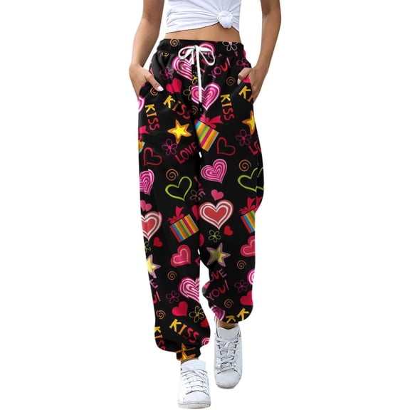 Xmyrz Valentine's Day Pants For Women Suitable Baggy Printed Drawstring Sweatpants Relaxation Holiday Lounge Pants Casual Trouser