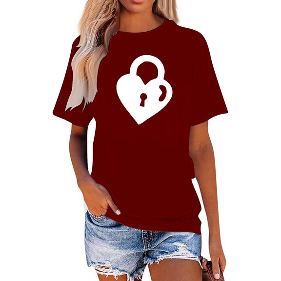 Xmyrz Valentine's Day T Shirts For Women Relaxation Couple Vacation Loose Fit Short Sleeve Fitted Print Fresh Women'S Tops, Tees & Blouses T-Shirt
