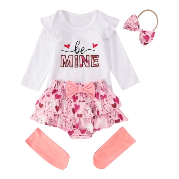 Xmyrz Valentine's Day Toddler Girl Outfits Set Skirts Set Recreation Print Bow Letter Ruffles Skin-Friendly Likable Loose Clothes Sets