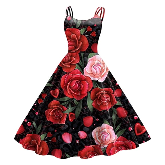 Xmyrz Valentine's Day Winter Dresses For Women Sleeveless Rose Print Knee Length Retro A Line Flared Swing Vacation Casual Dresses Birthday Dresses