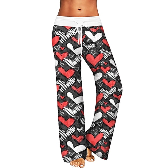 Xmyrz Valentine's Day Womens Casual Pants Printed Softable Drawstring Wide Leg Homewear Versatile Loose Fit Cool Lounge Pants Casual Trouser