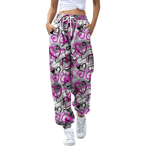 Xmyrz Valentine's Day Womens Casual Pants Suitable Baggy Printed Drawstring Sweatpants Relaxation Holiday Lounge Pants Casual Trouser