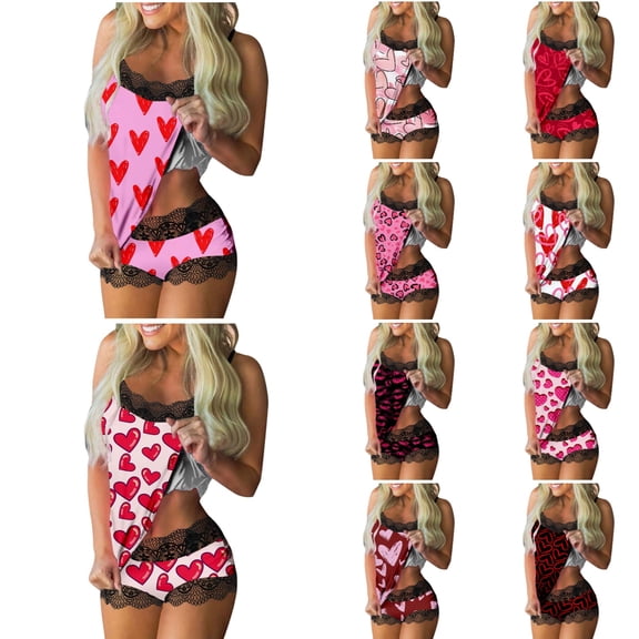 Xmyrz Valentine's Day Womens Pajama Sets Lace Trendy Print Attractive Classic Loose Shorts Set Tank Top Heart Recreation Sleepwear Pj Outfit Sets