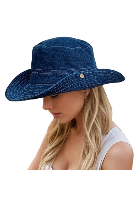 Women Denim Cowboy Hat Face Shield Wide Brim UV Protection Outdoor Summer Sun Cap Breathable Adjustable Dark Blue